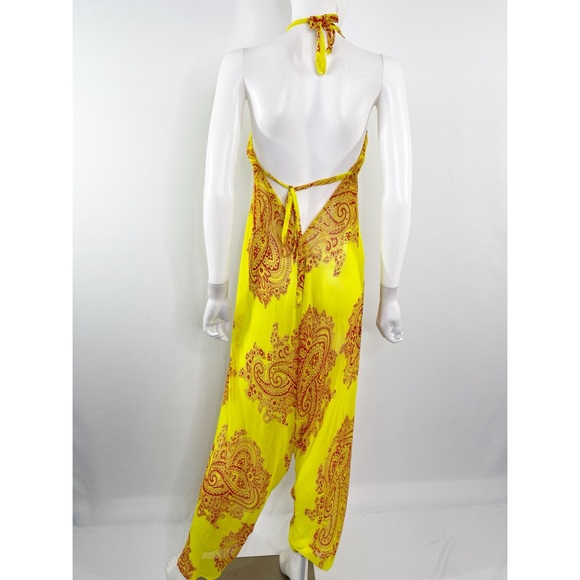 Katharine Story Yellow Jumpsuit Red Paisley Print Silk V-Neck Harem Style OS - Picture 8 of 8